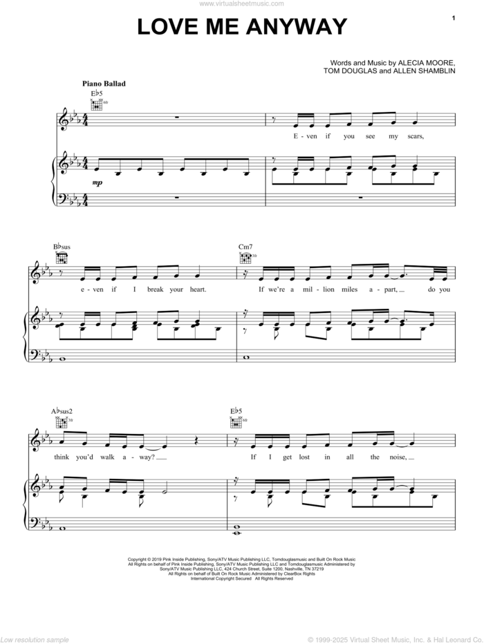 Love Me Anyway (feat. Chris Stapleton) sheet music for voice, piano or guitar by Tom Douglas, Chris Stapleton, Miscellaneous, P!nk, Alecia Moore and Allen Shamblin, intermediate skill level