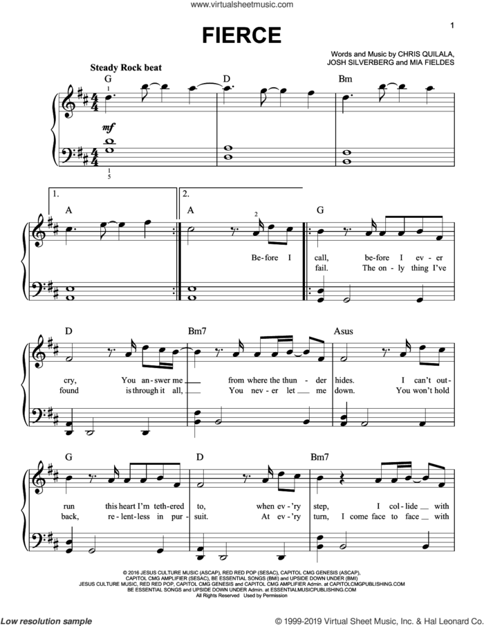 Fierce sheet music for piano solo by Jesus Culture, Chris Quilala, Josh Silverberg and Mia Fieldes, easy skill level