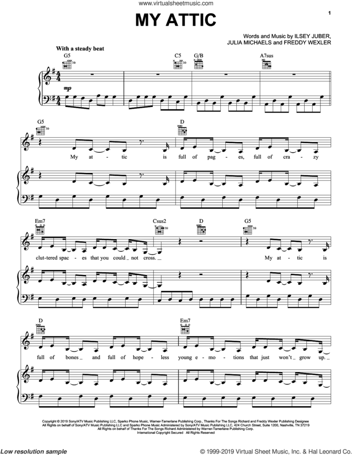 My Attic sheet music for voice, piano or guitar by Julia Michaels, Miscellaneous, P!nk, Freddy Wexler and Isley Juber, intermediate skill level