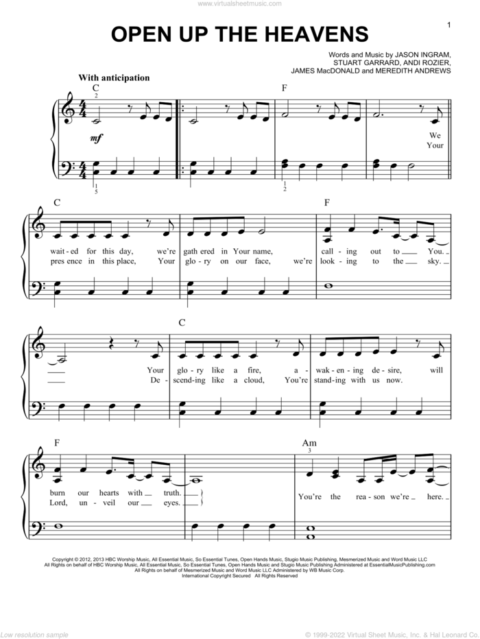 Open Up The Heavens sheet music for piano solo by Meredith Andrews, Andi Rozier, James MacDonald, Jason Ingram and Stuart Garrard, easy skill level