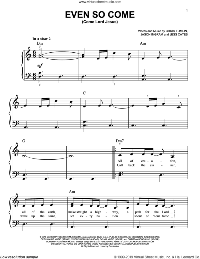 Even So Come (Come Lord Jesus) (feat. Kristian Stanfill) sheet music for piano solo by Passion, Kristian Stanfill, Chris Tomlin, Jason Ingram and Jess Cates, easy skill level