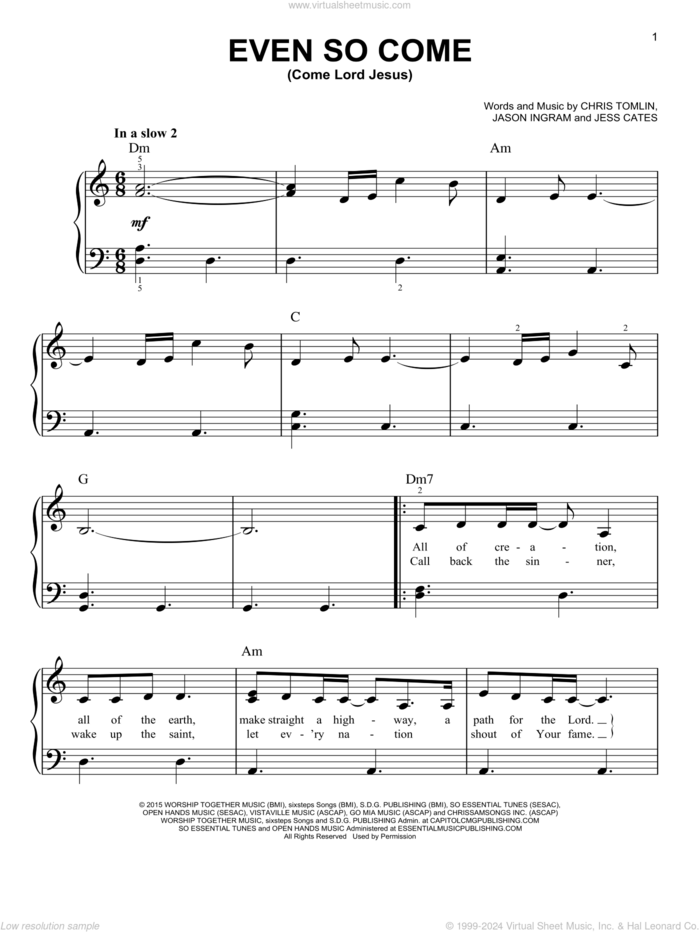 Even So Come (Come Lord Jesus) (feat. Kristian Stanfill) sheet music for piano solo by Passion, Kristian Stanfill, Chris Tomlin, Jason Ingram and Jess Cates, easy skill level