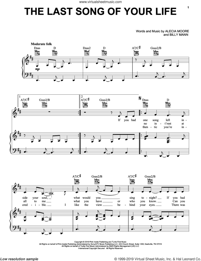 The Last Song Of Your Life sheet music for voice, piano or guitar by Billy Mann, Miscellaneous, P!nk and Alecia Moore, intermediate skill level