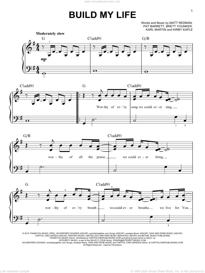 Build My Life sheet music for piano solo by Housefires, Brett Younker, Karl Martin, Kirby Kaple, Matt Redman and Pat Barrett, easy skill level