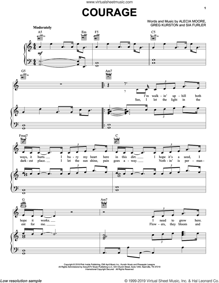 Courage sheet music for voice, piano or guitar by Alecia Moore, Miscellaneous, P!nk, Greg Kurstin and Sia Furler, intermediate skill level