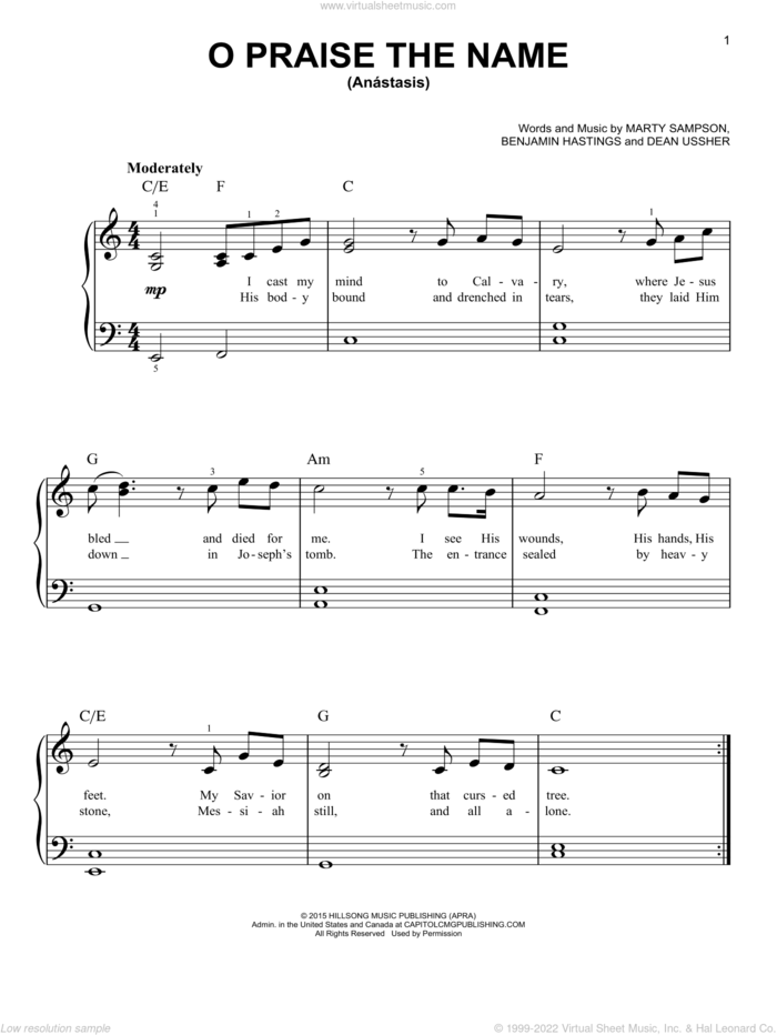 O Praise The Name (Anastasis), (easy) sheet music for piano solo by Hillsong Worship, Benjamin Hastings, Dean Ussher and Marty Sampson, easy skill level