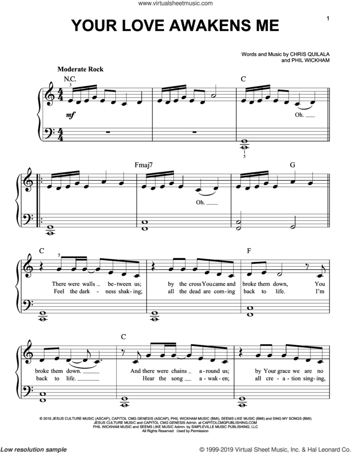 Your Love Awakens Me sheet music for piano solo by Phil Wickham and Chris Quilala, easy skill level