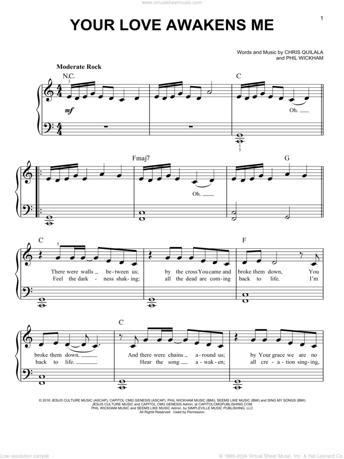 Your Love Awakens Me sheet music for piano solo by Phil Wickham and Chris Quilala, easy skill level