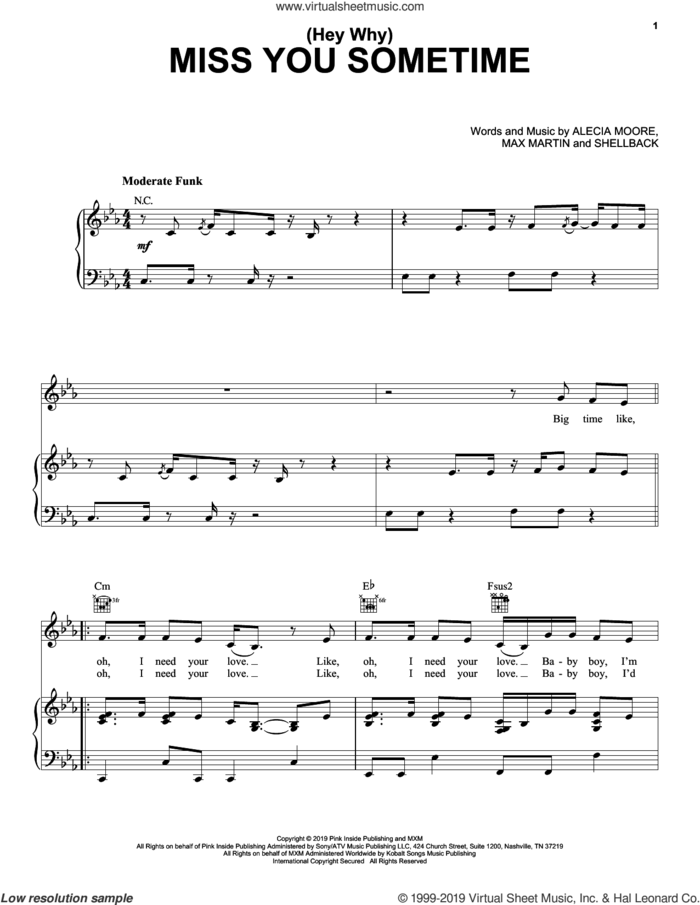 (Hey Why) Miss You Sometime sheet music for voice, piano or guitar by Max Martin, Miscellaneous, P!nk, Alecia Moore and Shellback, intermediate skill level