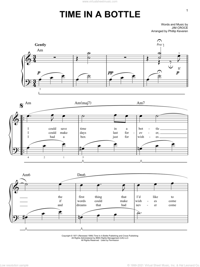 Time In A Bottle (arr. Phillip Keveren), (easy) sheet music for piano solo by Jim Croce and Phillip Keveren, easy skill level