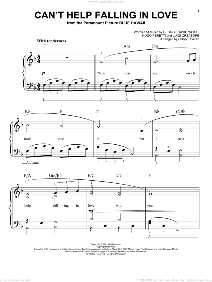 Can't Help Falling In Love (arr. Phillip Keveren) sheet music for piano solo by George David Weiss, Phillip Keveren, Hugo Peretti and Luigi Creatore, wedding score, easy skill level