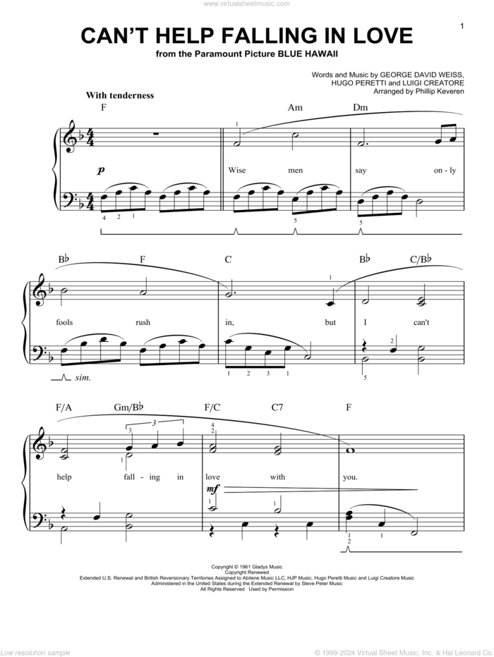 Can't Help Falling In Love (arr. Phillip Keveren) sheet music for piano solo by George David Weiss, Phillip Keveren, Hugo Peretti and Luigi Creatore, wedding score, easy skill level