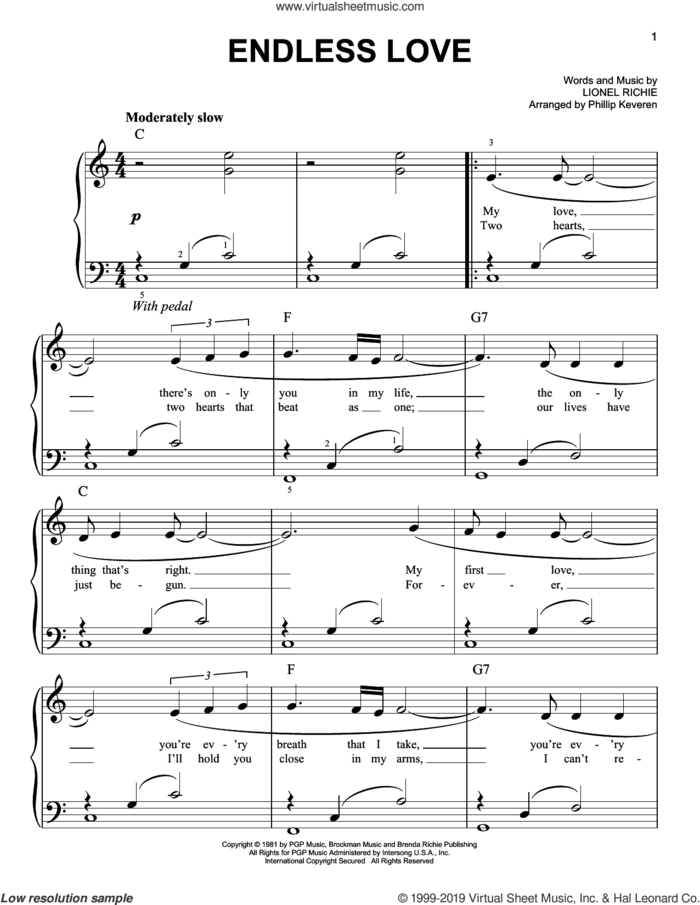 Endless Love (arr. Phillip Keveren) sheet music for piano solo by Diana Ross & Lionel Richie, Phillip Keveren and Lionel Richie, wedding score, easy skill level