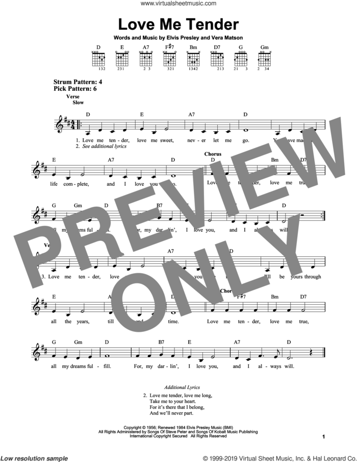 Love Me Tender sheet music for guitar solo (chords) by Elvis Presley, wedding score, easy guitar (chords)