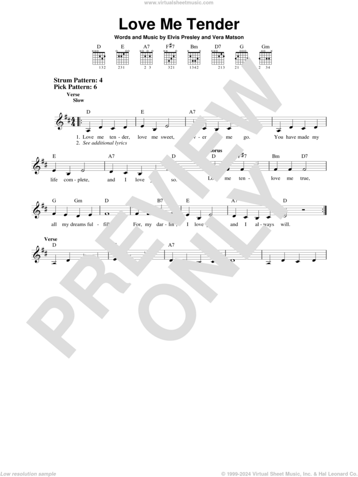 Love Me Tender sheet music for guitar solo (chords) by Elvis Presley, wedding score, easy guitar (chords)