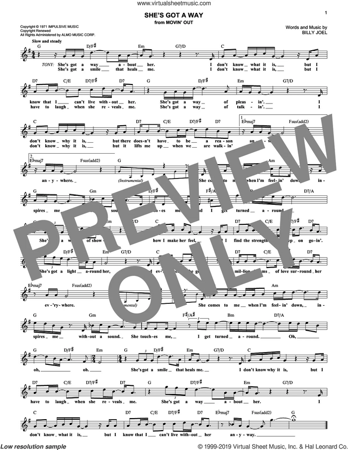 She's Got A Way sheet music for voice and other instruments (fake book) by Billy Joel, intermediate skill level