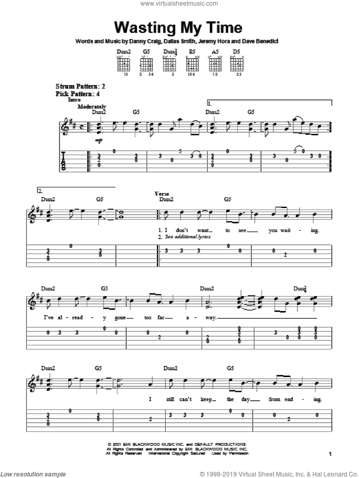 Wasting My Time sheet music for guitar solo (chords) by Default, Dallas Smith, Danny Craig and Jeremy Hora, easy guitar (chords)