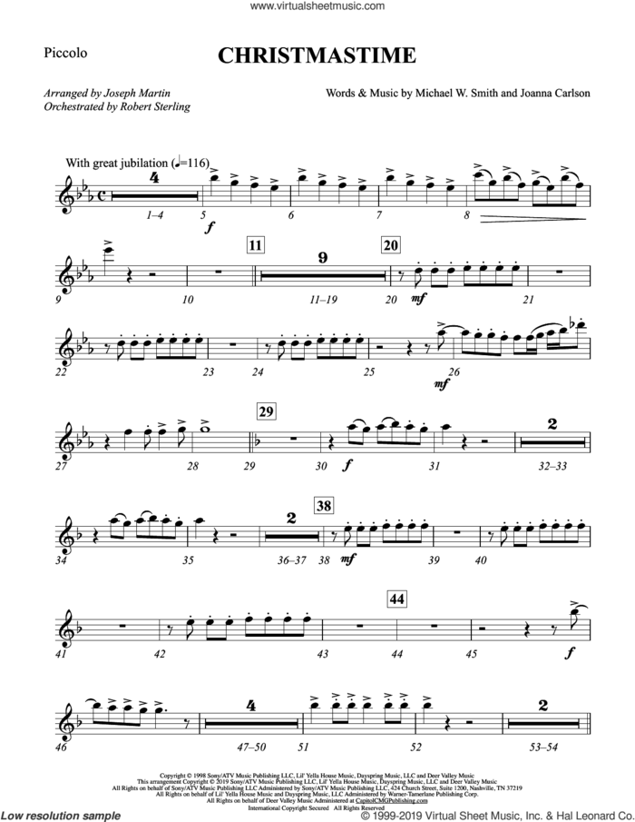 Christmastime (arr. Joseph M. Martin) sheet music for orchestra/band (piccolo) by Michael W. Smith, Joseph M. Martin, Joanna Carlson and Michael W. Smith & Joanna Carlson, intermediate skill level