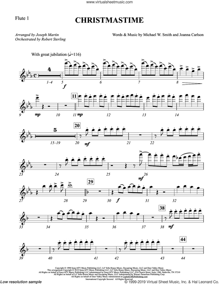 Christmastime (arr. Joseph M. Martin) sheet music for orchestra/band (flute 1) by Michael W. Smith, Joseph M. Martin, Joanna Carlson and Michael W. Smith & Joanna Carlson, intermediate skill level