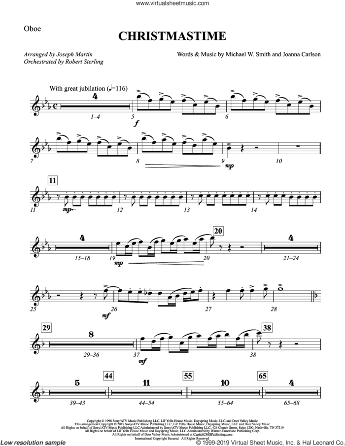 Christmastime (arr. Joseph M. Martin) sheet music for orchestra/band (oboe) by Michael W. Smith, Joseph M. Martin, Joanna Carlson and Michael W. Smith & Joanna Carlson, intermediate skill level