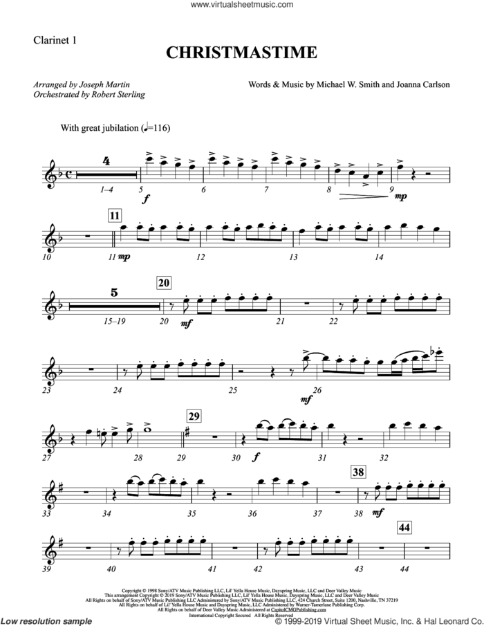 Christmastime (arr. Joseph M. Martin) sheet music for orchestra/band (Bb clarinet 1) by Michael W. Smith, Joseph M. Martin, Joanna Carlson and Michael W. Smith & Joanna Carlson, intermediate skill level