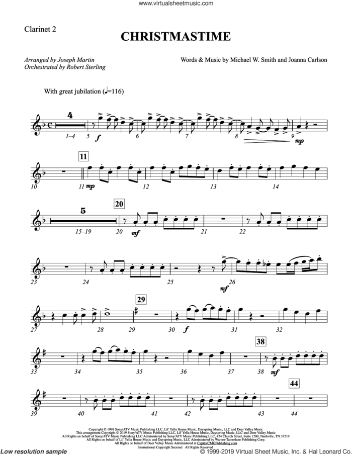 Christmastime (arr. Joseph M. Martin) sheet music for orchestra/band (Bb clarinet 2) by Michael W. Smith, Joseph M. Martin, Joanna Carlson and Michael W. Smith & Joanna Carlson, intermediate skill level
