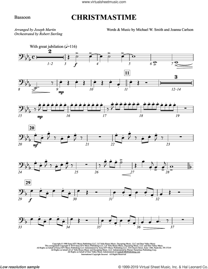 Christmastime (arr. Joseph M. Martin) sheet music for orchestra/band (bassoon) by Michael W. Smith, Joseph M. Martin, Joanna Carlson and Michael W. Smith & Joanna Carlson, intermediate skill level