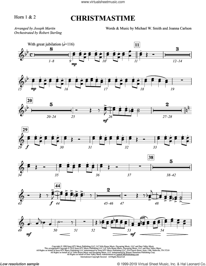 Christmastime (arr. Joseph M. Martin) sheet music for orchestra/band (f horn 1 and 2) by Michael W. Smith, Joseph M. Martin, Joanna Carlson and Michael W. Smith & Joanna Carlson, intermediate skill level