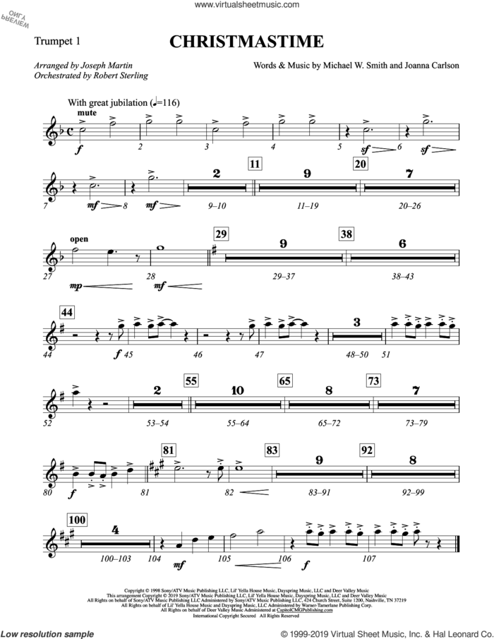 Christmastime (arr. Joseph M. Martin) sheet music for orchestra/band (Bb trumpet 1) by Michael W. Smith, Joseph M. Martin, Joanna Carlson and Michael W. Smith & Joanna Carlson, intermediate skill level