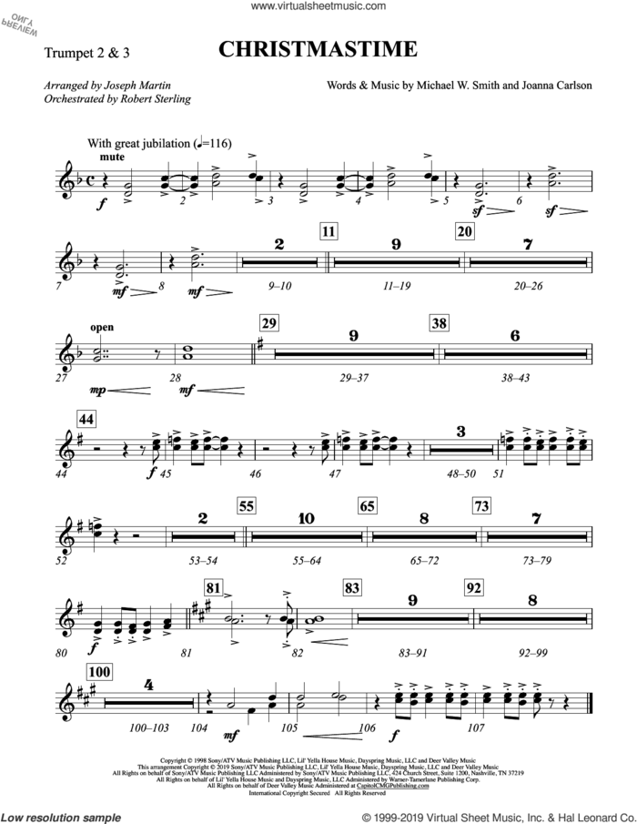 Christmastime (arr. Joseph M. Martin) sheet music for orchestra/band (Bb trumpet 2,3) by Michael W. Smith, Joseph M. Martin, Joanna Carlson and Michael W. Smith & Joanna Carlson, intermediate skill level