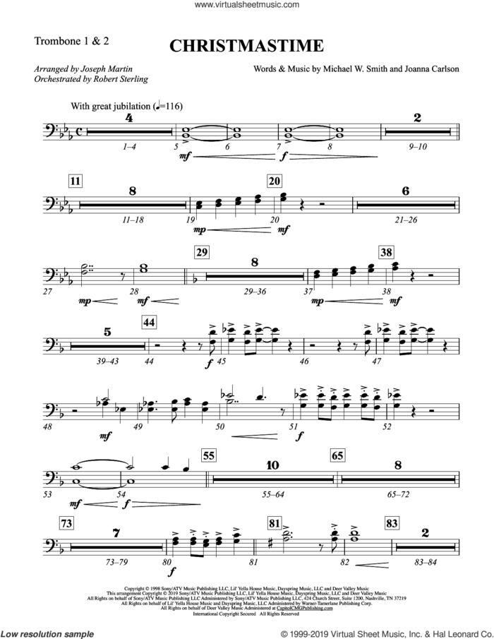 Christmastime (arr. Joseph M. Martin) sheet music for orchestra/band (trombone 1 and 2) by Michael W. Smith, Joseph M. Martin, Joanna Carlson and Michael W. Smith & Joanna Carlson, intermediate skill level