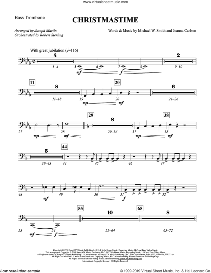 Christmastime (arr. Joseph M. Martin) sheet music for orchestra/band (bass trombone) by Michael W. Smith, Joseph M. Martin, Joanna Carlson and Michael W. Smith & Joanna Carlson, intermediate skill level