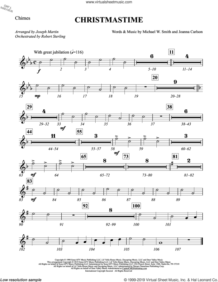Christmastime (arr. Joseph M. Martin) sheet music for orchestra/band (chimes) by Michael W. Smith, Joseph M. Martin, Joanna Carlson and Michael W. Smith & Joanna Carlson, intermediate skill level