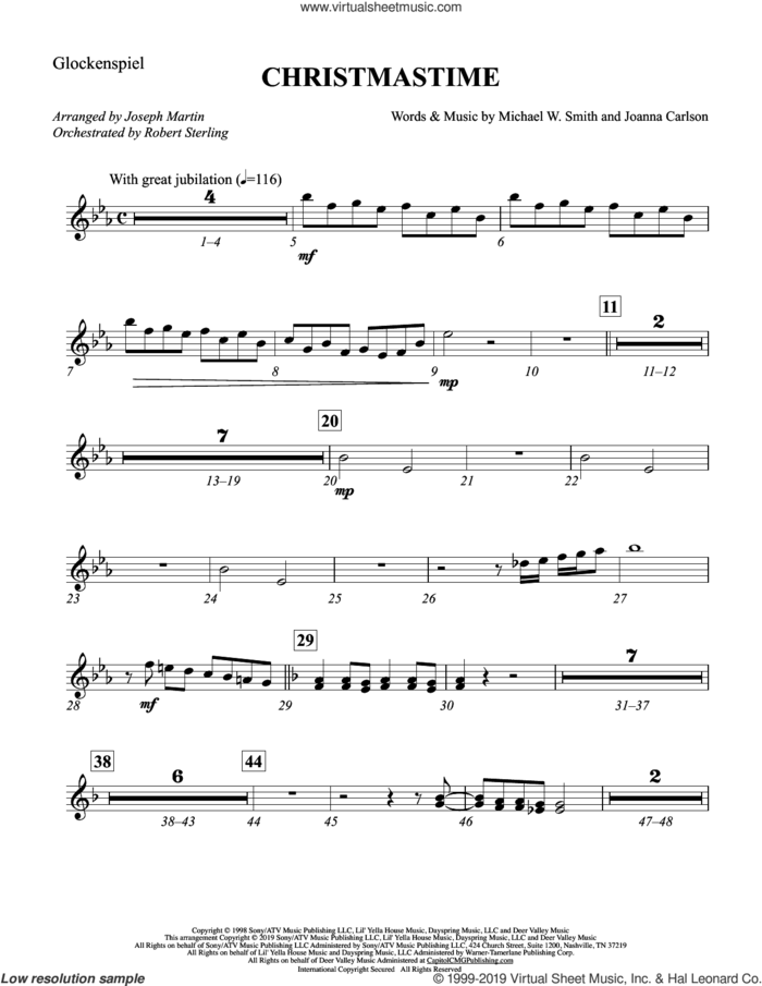 Christmastime (arr. Joseph M. Martin) sheet music for orchestra/band (glockenspiel) by Michael W. Smith, Joseph M. Martin, Joanna Carlson and Michael W. Smith & Joanna Carlson, intermediate skill level
