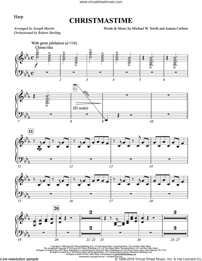 Christmastime (arr. Joseph M. Martin) sheet music for orchestra/band (harp) by Michael W. Smith, Joseph M. Martin, Joanna Carlson and Michael W. Smith & Joanna Carlson, intermediate skill level