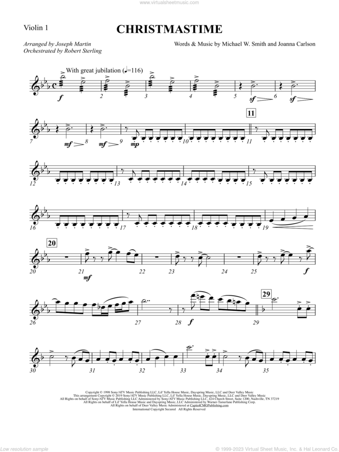 Christmastime (arr. Joseph M. Martin) sheet music for orchestra/band (violin 1) by Michael W. Smith, Joseph M. Martin, Joanna Carlson and Michael W. Smith & Joanna Carlson, intermediate skill level