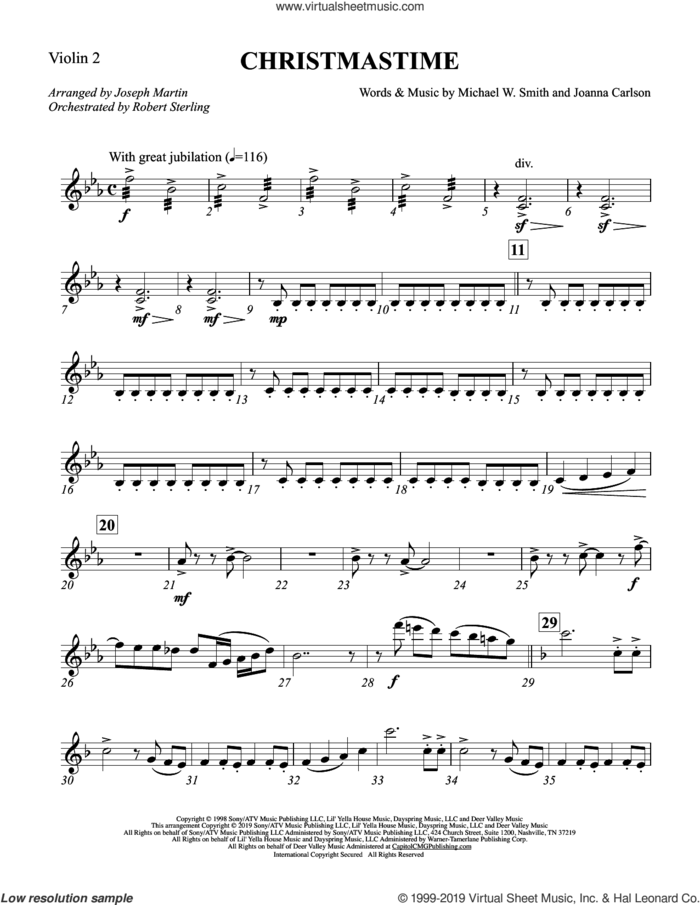 Christmastime (arr. Joseph M. Martin) sheet music for orchestra/band (violin 2) by Michael W. Smith, Joseph M. Martin, Joanna Carlson and Michael W. Smith & Joanna Carlson, intermediate skill level