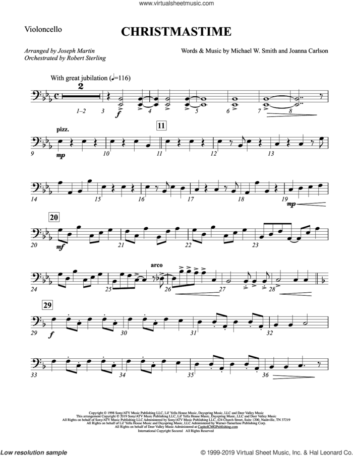 Christmastime (arr. Joseph M. Martin) sheet music for orchestra/band (cello) by Michael W. Smith, Joseph M. Martin, Joanna Carlson and Michael W. Smith & Joanna Carlson, intermediate skill level