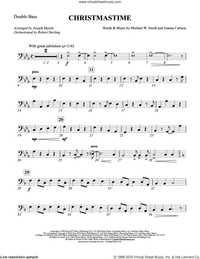 Christmastime (arr. Joseph M. Martin) sheet music for orchestra/band (double bass) by Michael W. Smith, Joseph M. Martin, Joanna Carlson and Michael W. Smith & Joanna Carlson, intermediate skill level