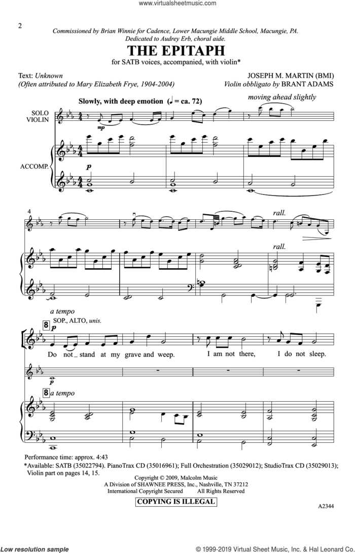 The Epitaph sheet music for choir (SATB: soprano, alto, tenor, bass) by Joseph M. Martin, intermediate skill level