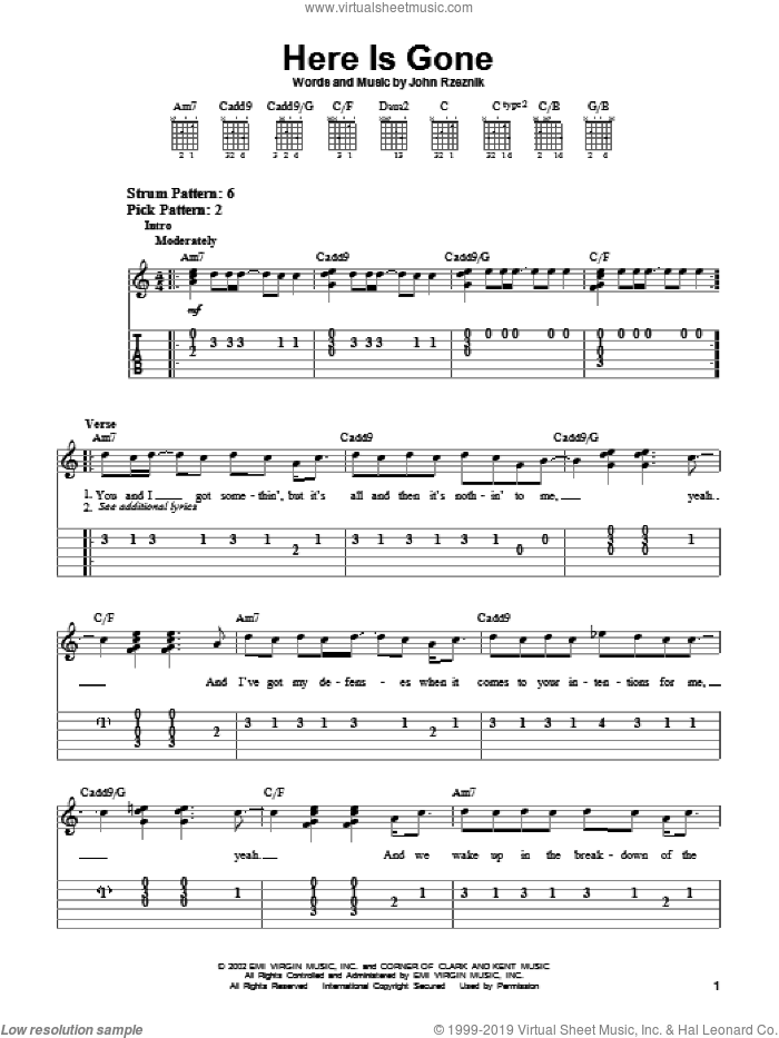 Here Is Gone sheet music for guitar solo (chords) by Goo Goo Dolls and John Rzeznik, easy guitar (chords)
