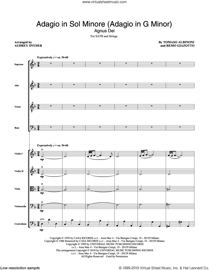 Adagio In Sol Minore (Adagio in G Minor) (arr. Audrey Snyder) (COMPLETE) sheet music for orchestra/band by Audrey Snyder, Remo Giazotto, Tomaso Albinoni and Tomaso Albinoni & Remo Giazotto, classical wedding score, intermediate skill level