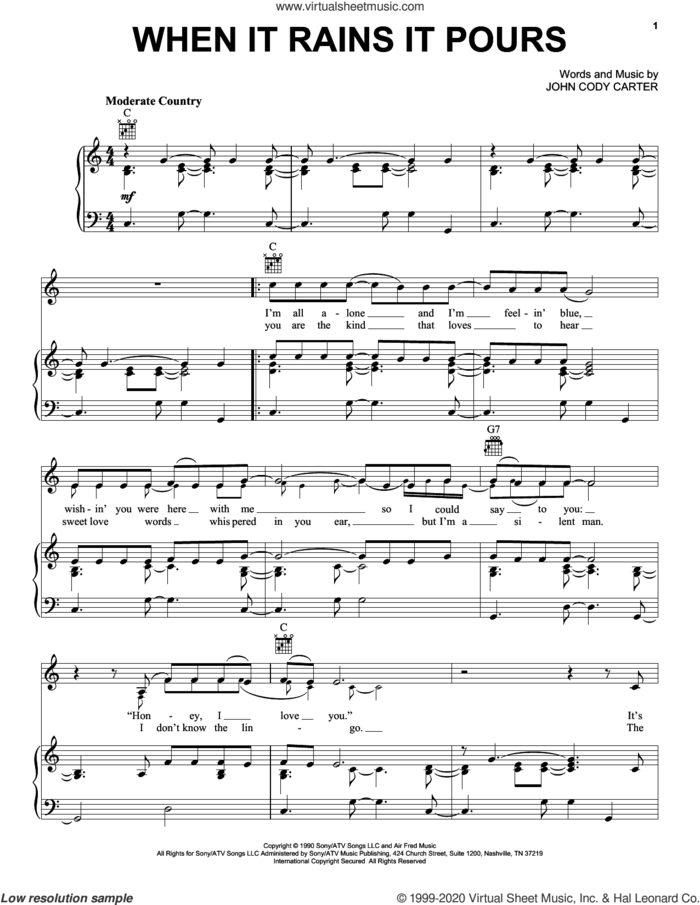 When It Rains It Pours sheet music for voice, piano or guitar by Merle Haggard and John Cody Carter, intermediate skill level