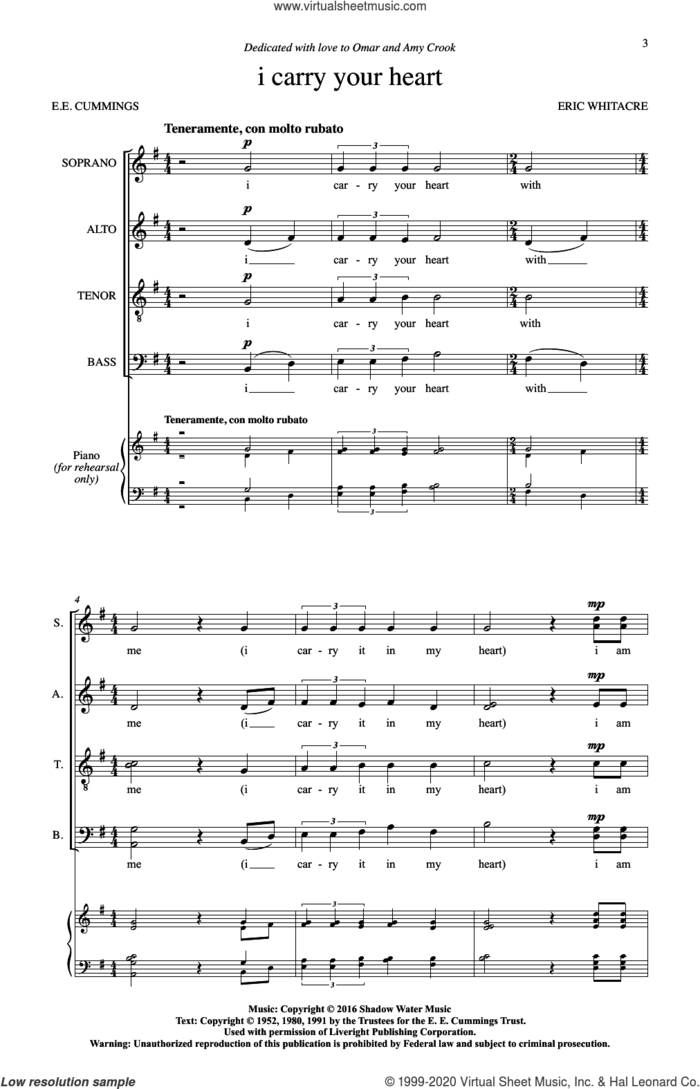 i carry your heart sheet music for choir (SATB: soprano, alto, tenor, bass) by Eric Whitacre and e e cummings, intermediate skill level