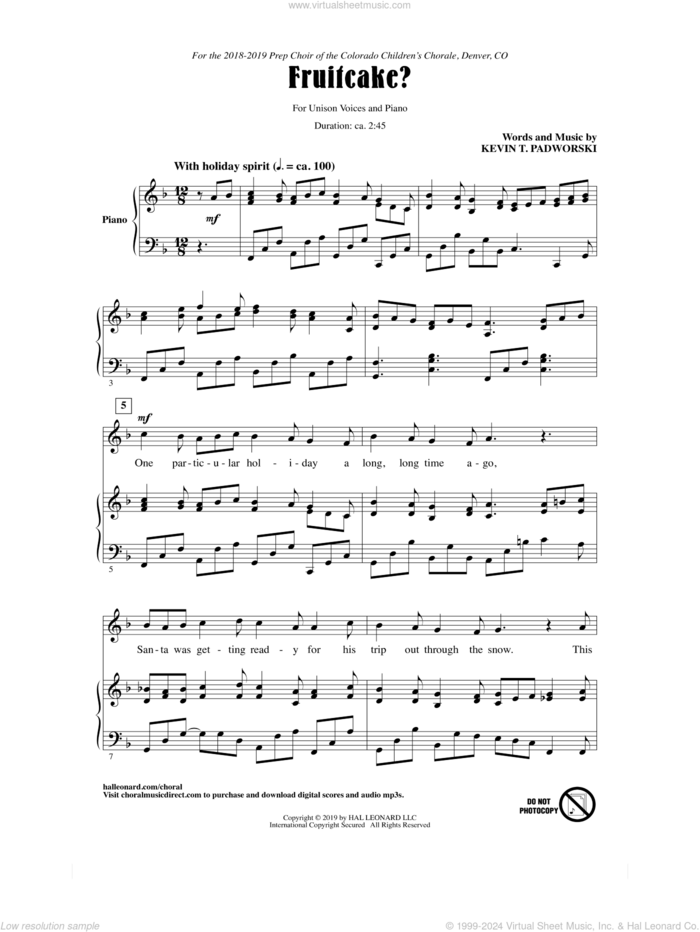 Fruitcake? sheet music for choir (Unison) by Kevin T. Padworski, intermediate skill level