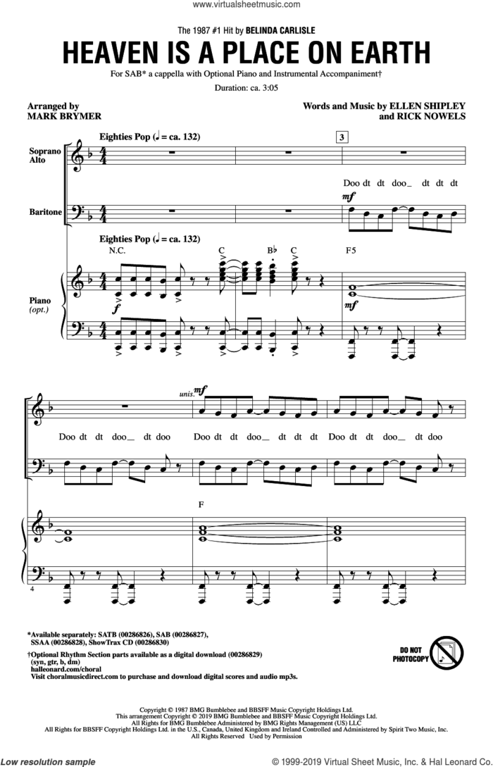Heaven Is A Place On Earth (arr. Mark Brymer) sheet music for choir (SAB: soprano, alto, bass) by Belinda Carlisle, Mark Brymer, Ellen Shipley and Rick Nowels, intermediate skill level