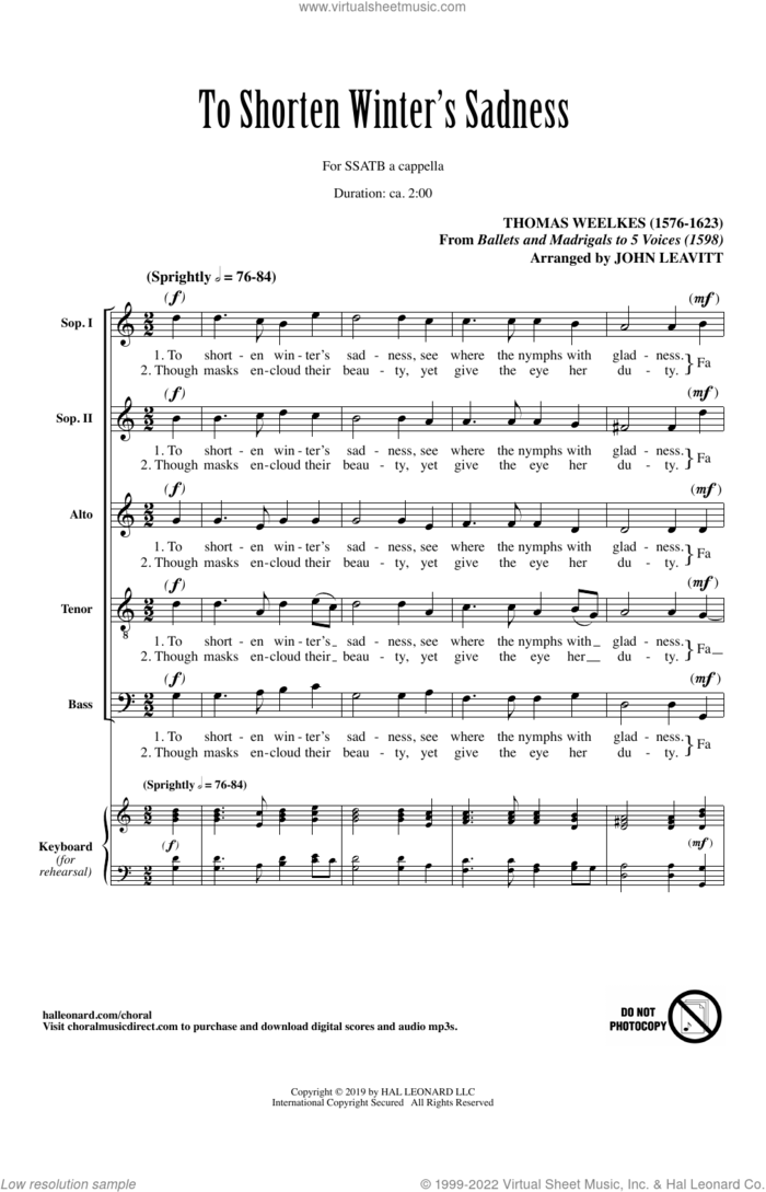 To Shorten Winter's Sadness (arr. John Leavitt) sheet music for choir (SATB: soprano, alto, tenor, bass) by Thomas Weelkes and John Leavitt, intermediate skill level