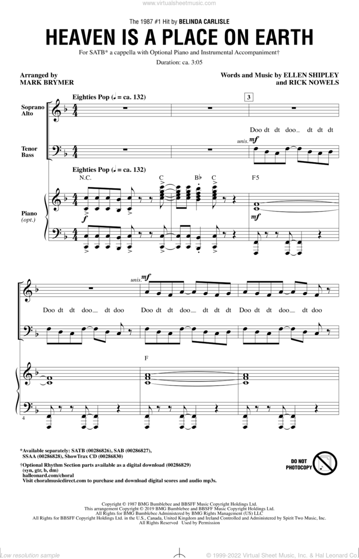 Heaven Is A Place On Earth (arr. Mark Brymer) sheet music for choir (SATB: soprano, alto, tenor, bass) by Belinda Carlisle, Mark Brymer, Ellen Shipley and Rick Nowels, intermediate skill level