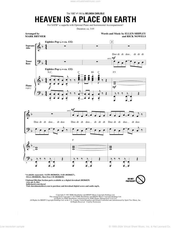 Heaven Is A Place On Earth (arr. Mark Brymer) sheet music for choir (SATB: soprano, alto, tenor, bass) by Belinda Carlisle, Mark Brymer, Ellen Shipley and Rick Nowels, intermediate skill level