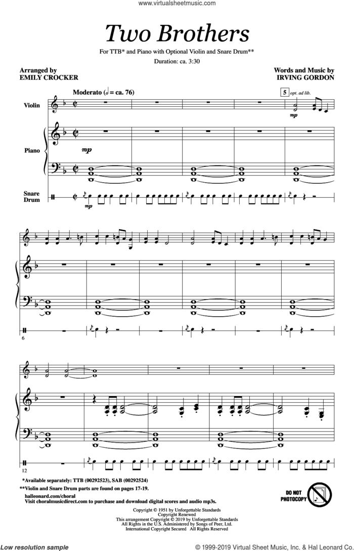 Two Brothers (arr. Emily Crocker) sheet music for choir (TTB: tenor, bass) by Irving Gordon and Emily Crocker, intermediate skill level